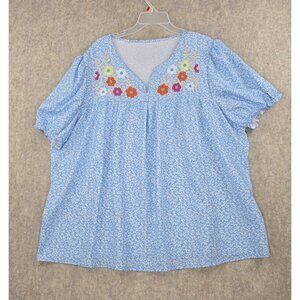 Blue Plus-Size Womens Floral Embroidered Tunic Top 5XL Polyester Blend